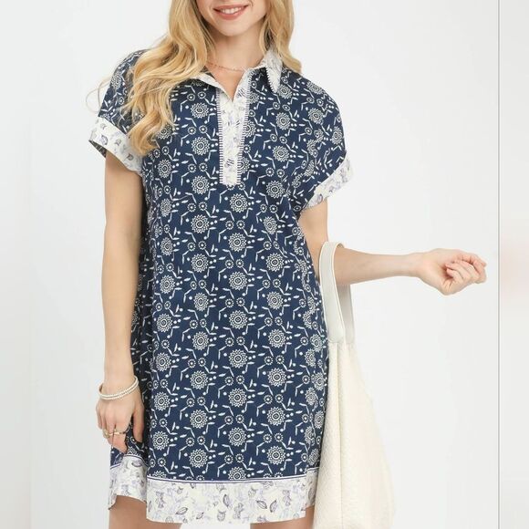 Umgee Border Print Belted Shirt Dress | 100% Cotton Polo Mini Dress sz Md - Picture 6 of 7